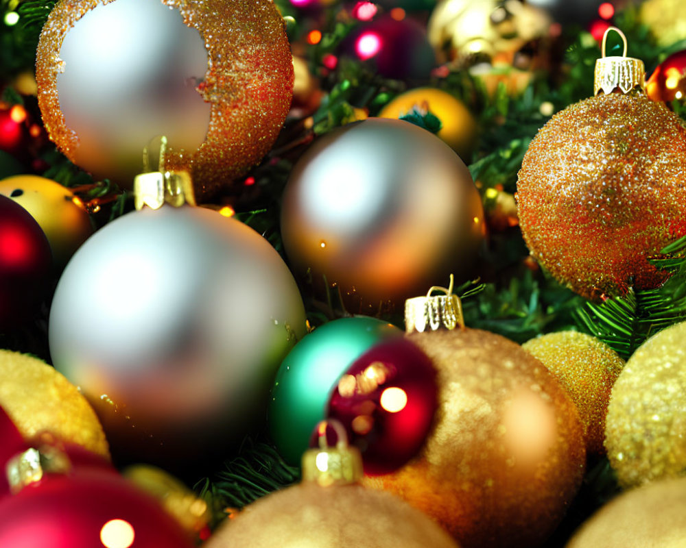 Colorful Christmas baubles on green fir branches