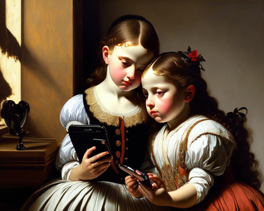 Classical Attired Girls Viewing Smartphone with Natural Light Contrast