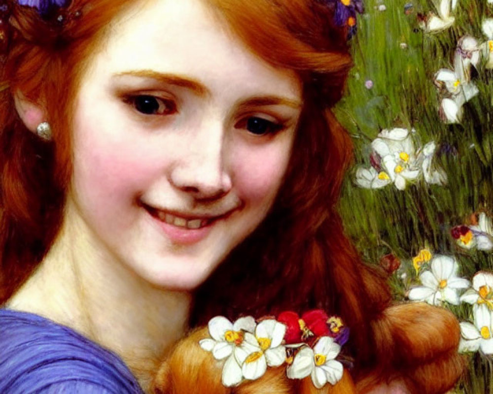 Smiling girl with red hair holding puppy in flower-filled scene