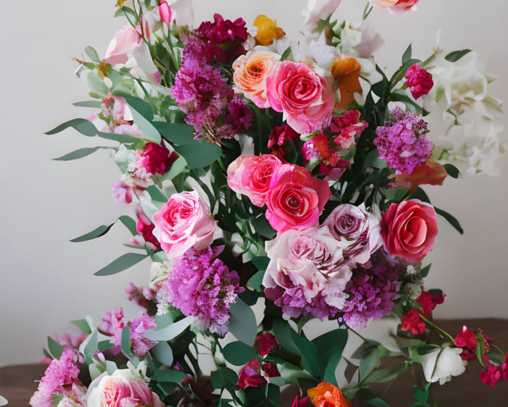 Colorful Mixed Flower Bouquet with Pink Roses, White Lilies, and Purple Blooms on Table