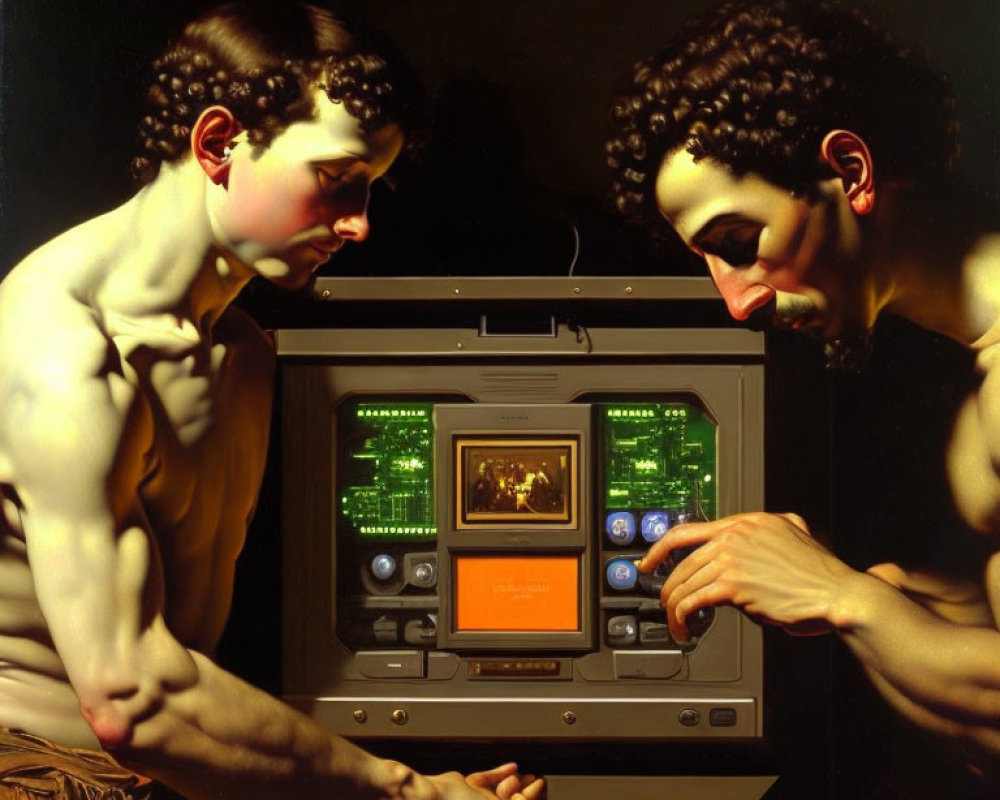 Classical statues with retro computer screen showing graphs and image