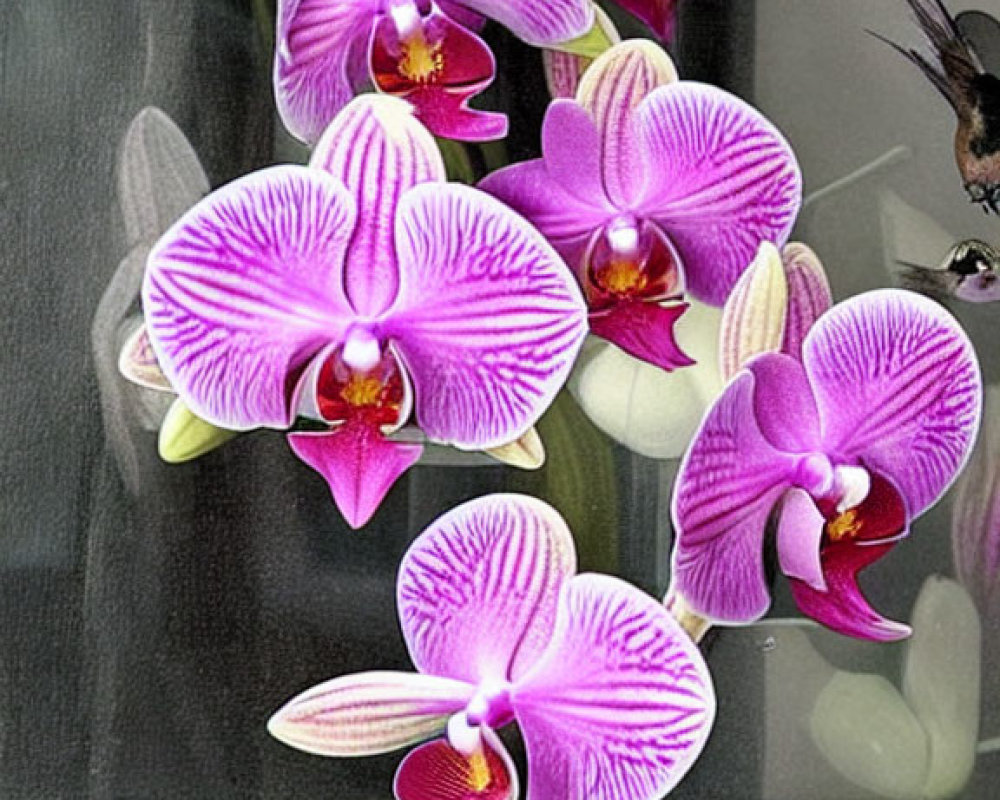 Striped purple and white orchids with window backdrop and blurred bird-like object