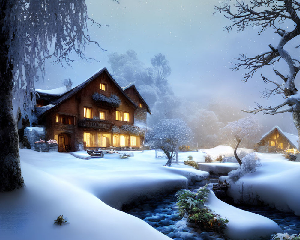 Snow-covered cottage by stream in serene winter scene