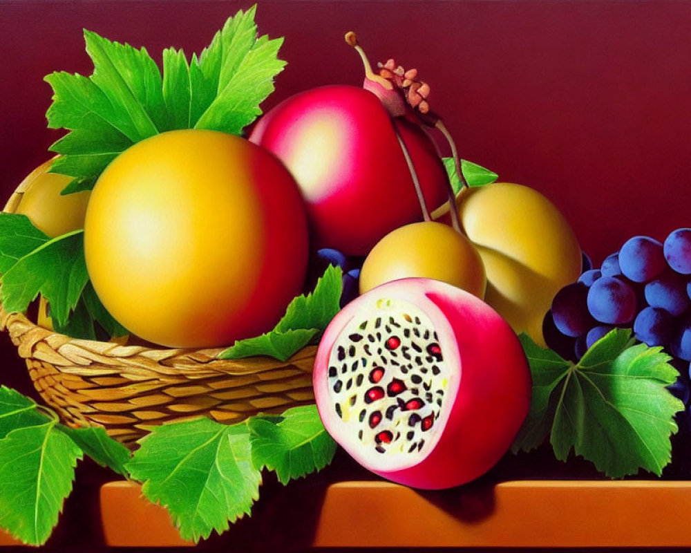 Colorful still life painting with wicker basket and assorted fruits.