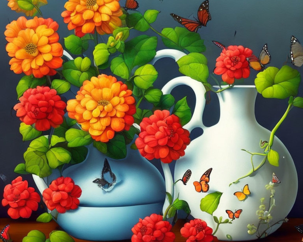 Colorful digital artwork featuring white vase, orange and red zinnia flowers, and fluttering butterflies