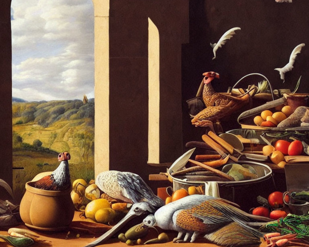 Classic Still Life Painting with Pheasants, Fruits, Vegetables, and Countryside View