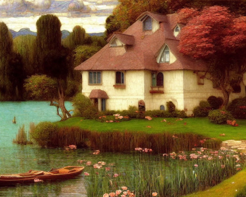 Tranquil lakeside landscape with charming house and blooming nature