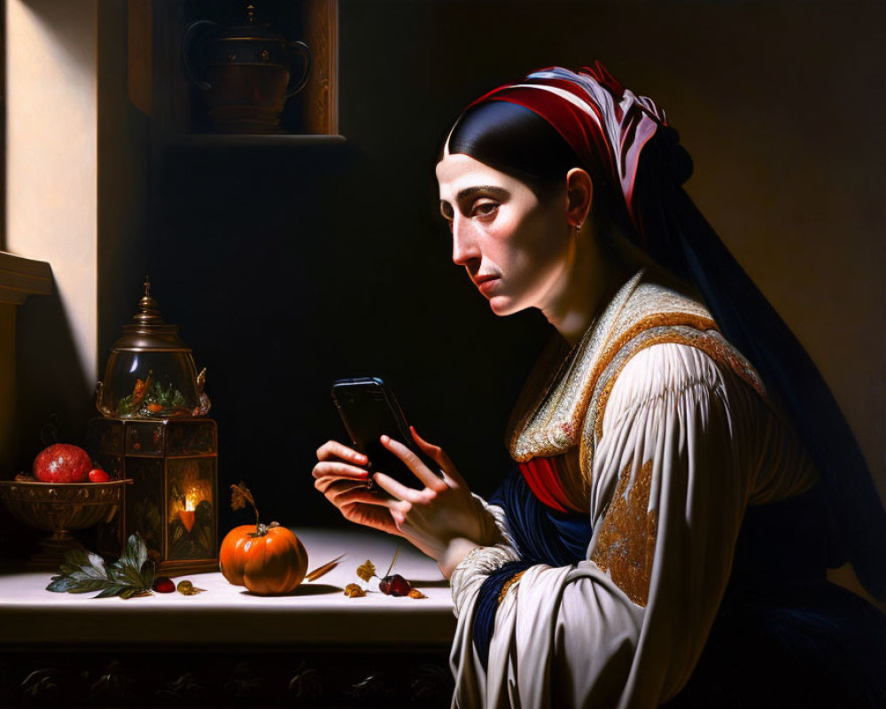 Woman in 17th-Century Attire with Smartphone and Traditional Decor