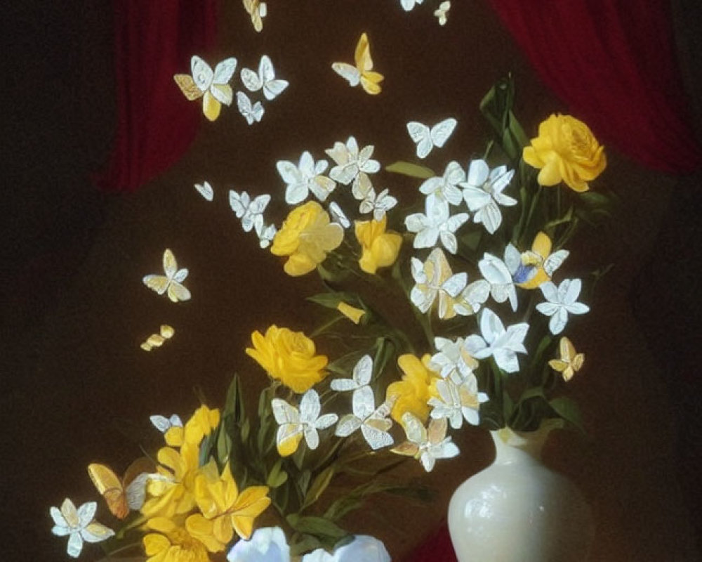 Yellow Flowers in White Vase with White Butterflies and Red Curtains