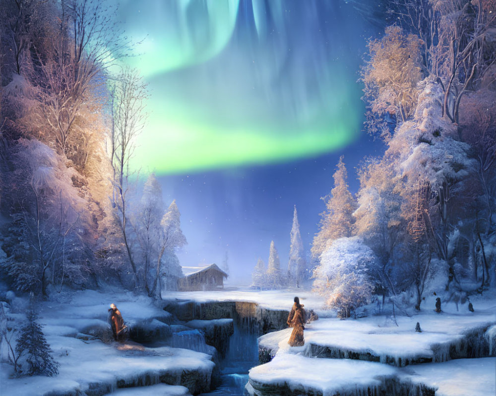 Snow-covered winter landscape with wooden bridge, frozen stream, trees, aurora borealis, and subtle