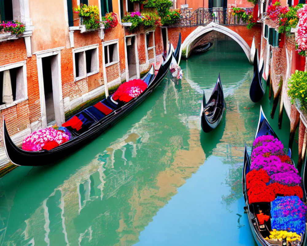 Venice Canal: Gondolas, Colorful Flowers, Vibrant Buildings