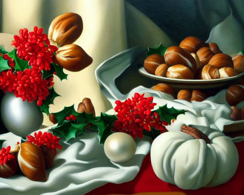 Elegant still life painting with chestnuts, pumpkins, berries, and pearls