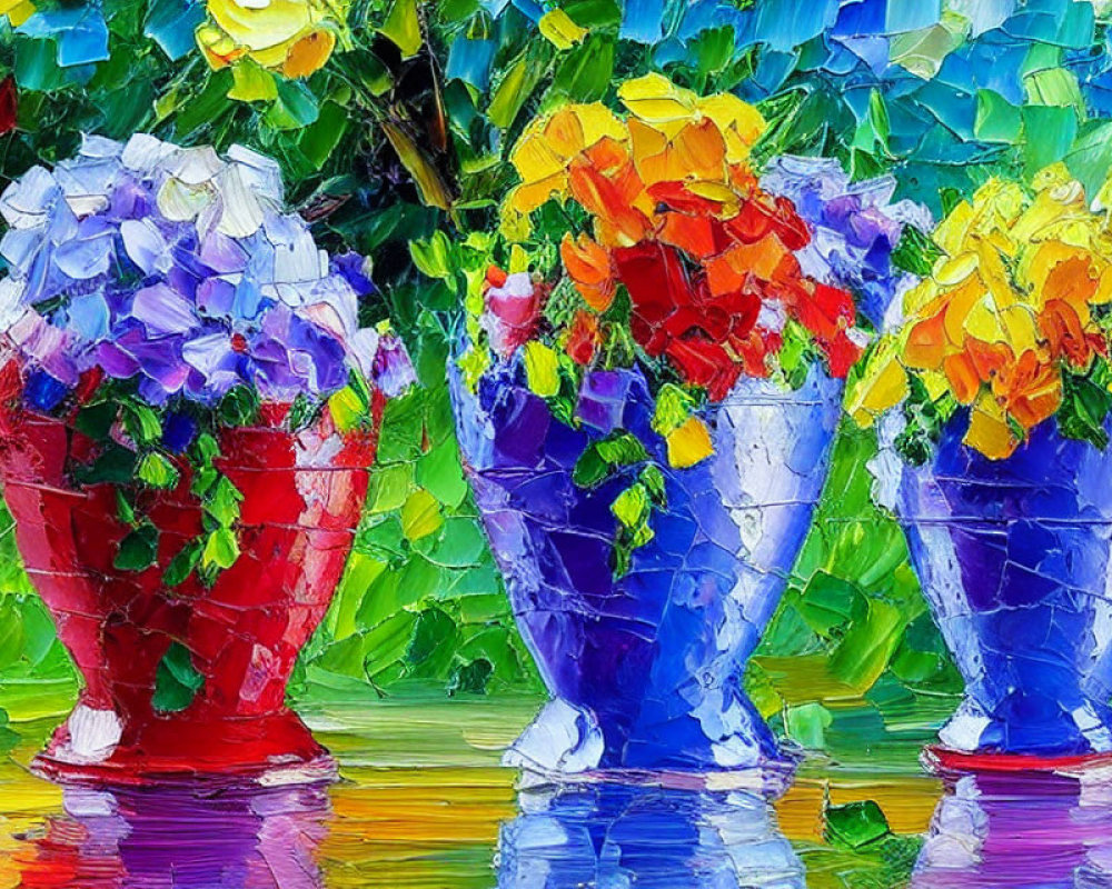 Colorful Flower Bouquets in Red, Blue, and Purple Vases - Vibrant Impasto Oil