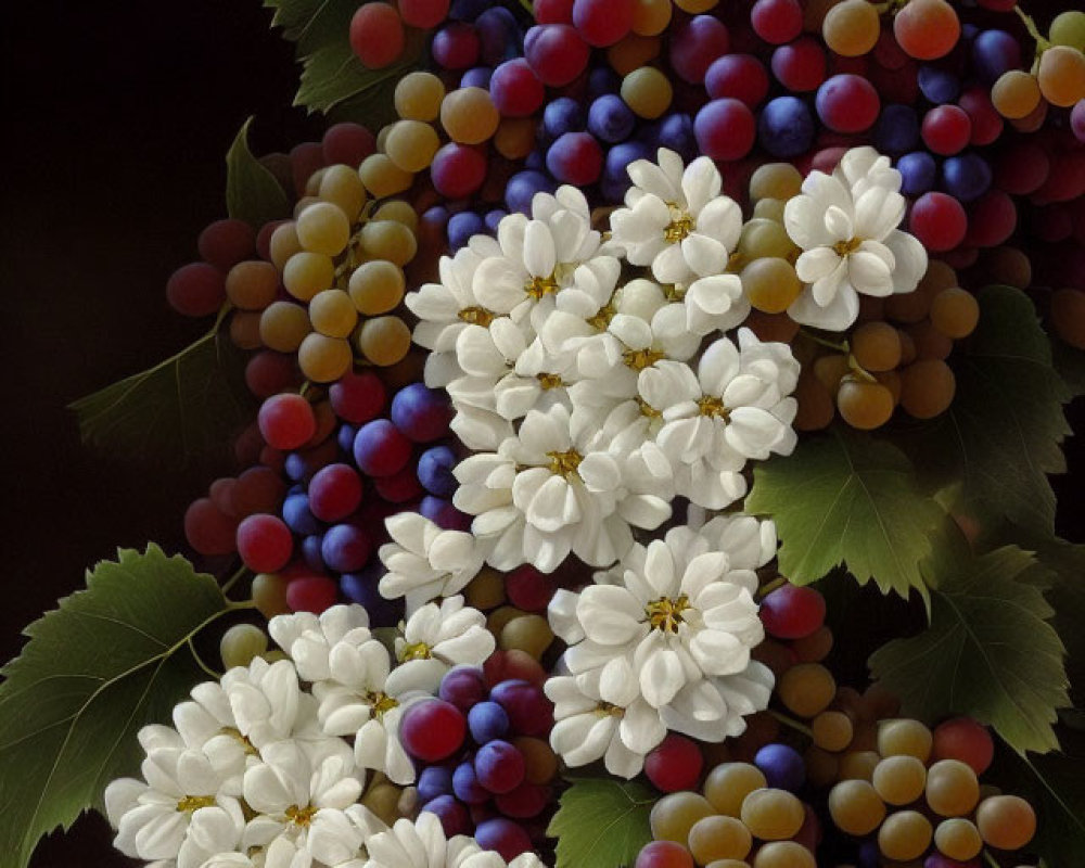 Multicolored grapes with leaves and flowers on dark background.