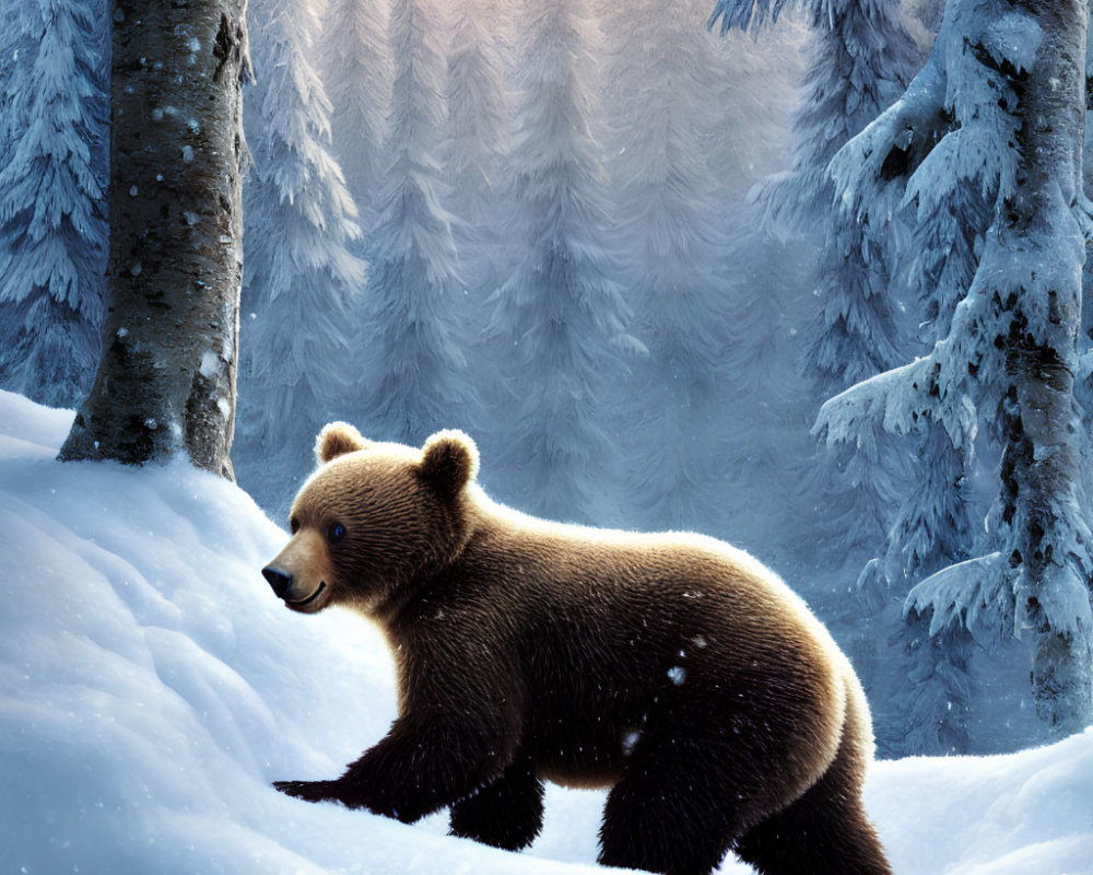 Brown Bear in Snow-Covered Forest with Frosted Trees