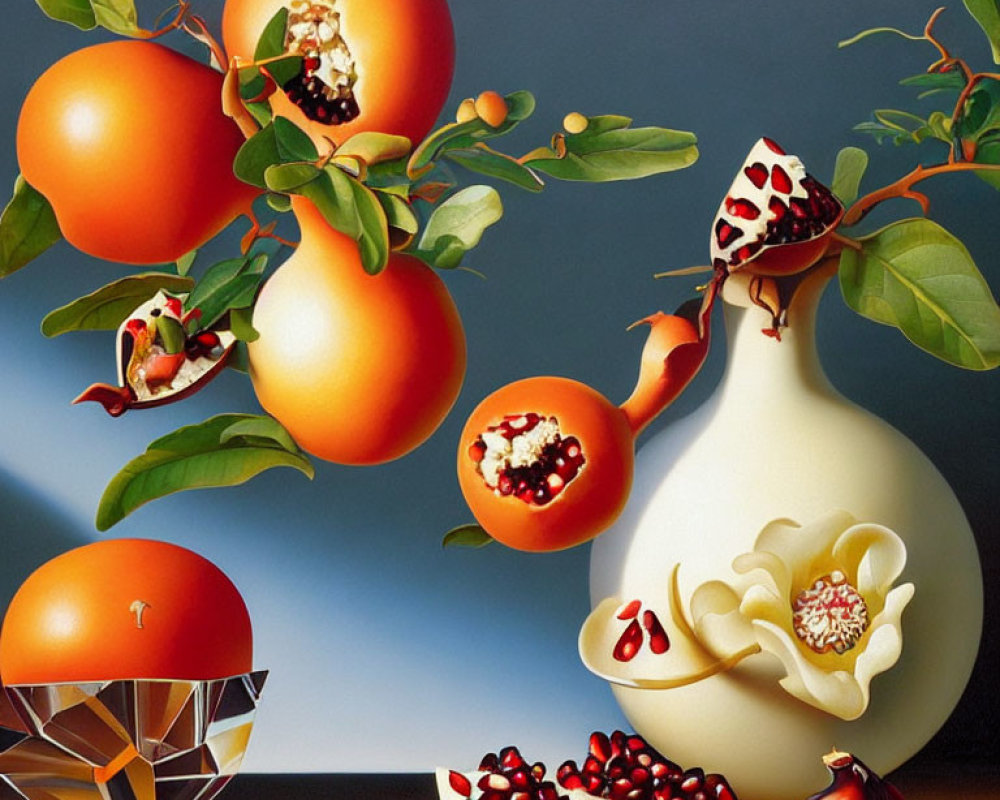 Colorful Still Life Painting: Oranges, Pomegranates, Flower in White Vase