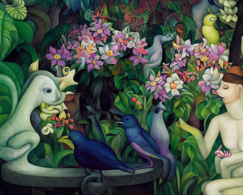 Colorful painting of woman, birds, and squirrel in garden scene