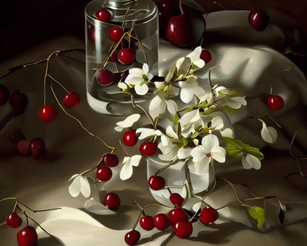 Cherries, white blossoms, glass jar on cloth with chiaroscuro lighting