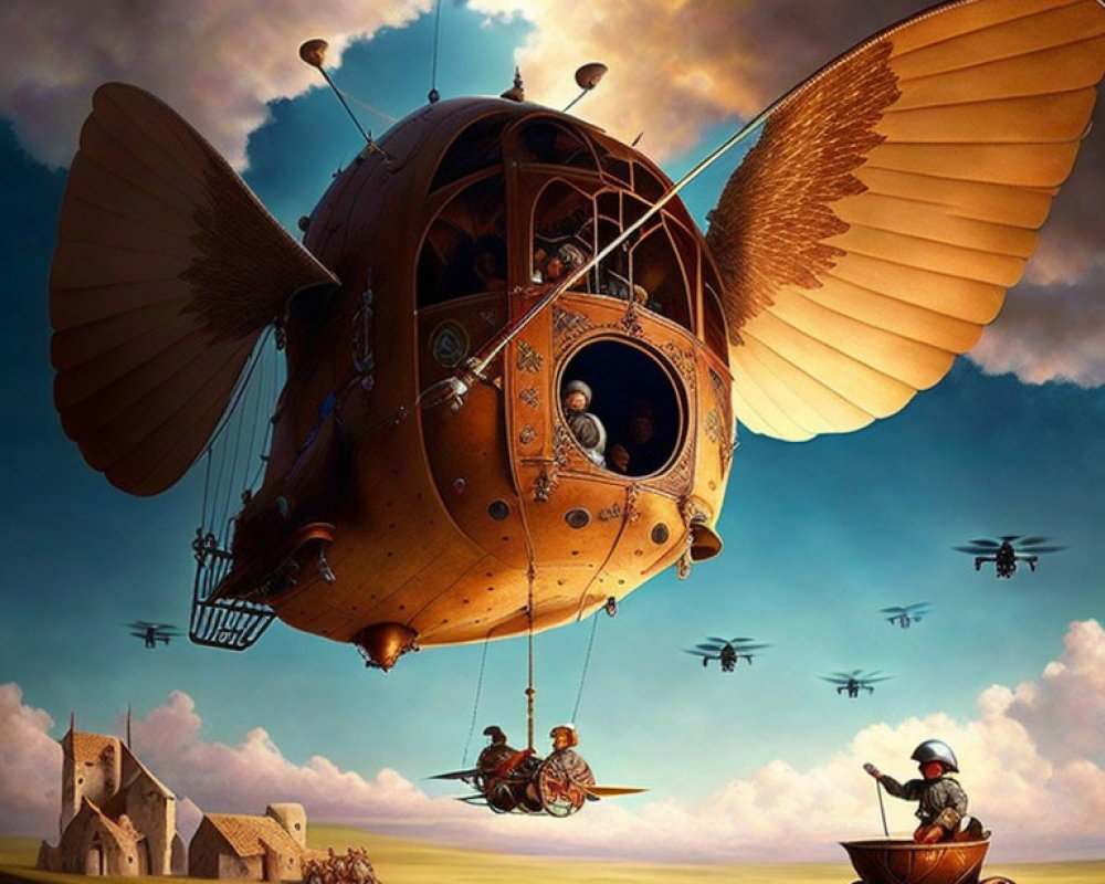 Steampunk airship with wings in golden sky surrounded by flying machines and figures on land vehicles in