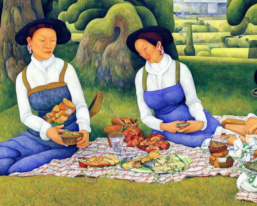 Stylized women in traditional dress on picnic blanket in lush landscape