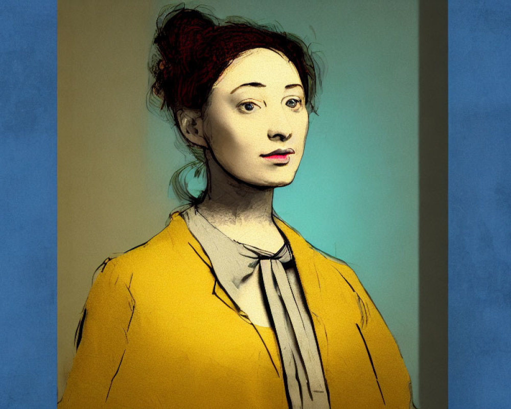 Detailed illustration of a woman with red hair bun in yellow jacket and bow tie on blue and beige backdrop