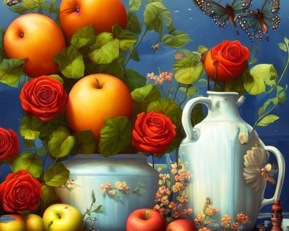 Colorful Still Life with Fruits, Flowers, Pitcher, and Butterflies on Blue Background