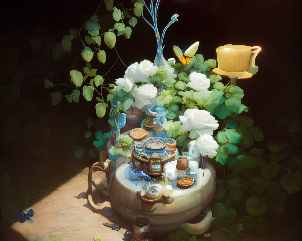 Whimsical magical tea party illustration on tree stump with golden teapot