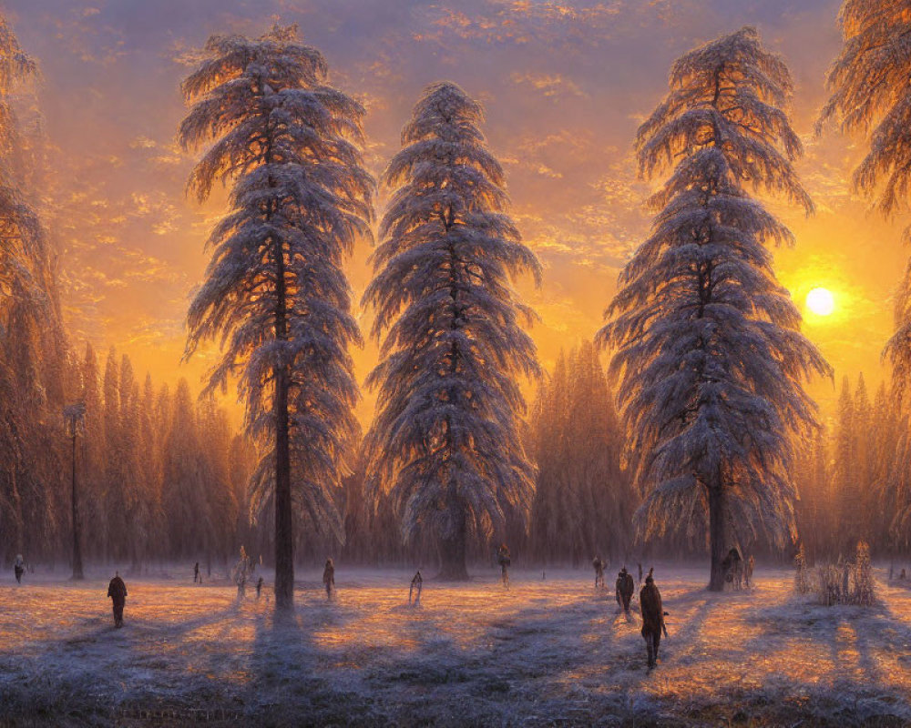 Snow-covered trees in golden sunrise with people walking among frosty pines