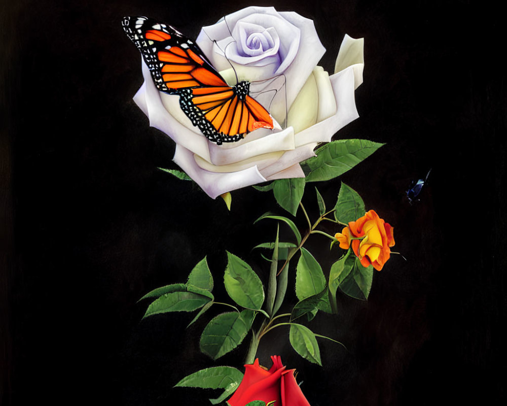 Monarch butterfly on lavender rose in bouquet with red and orange roses