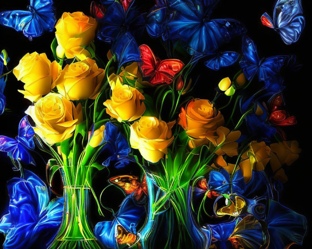 Yellow Roses and Butterflies in Vase on Dark Background