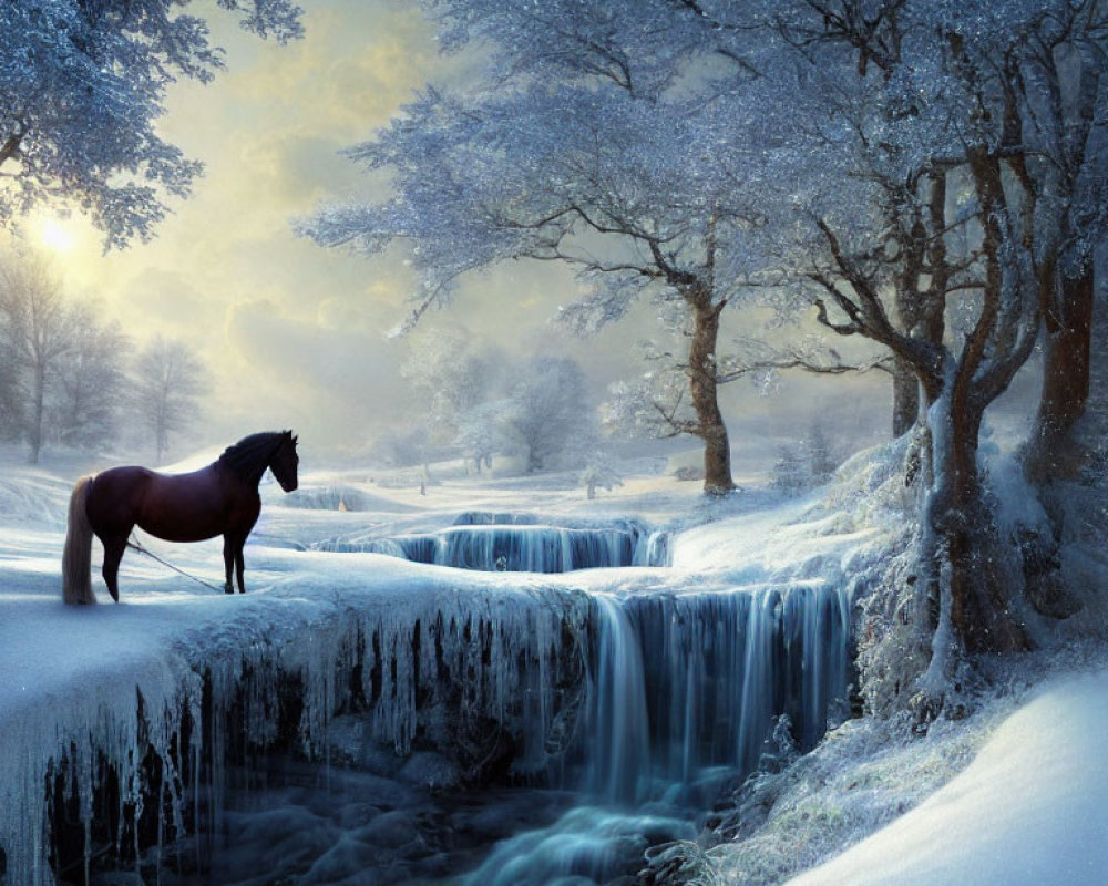 Majestic horse near frozen waterfall in snowy landscape