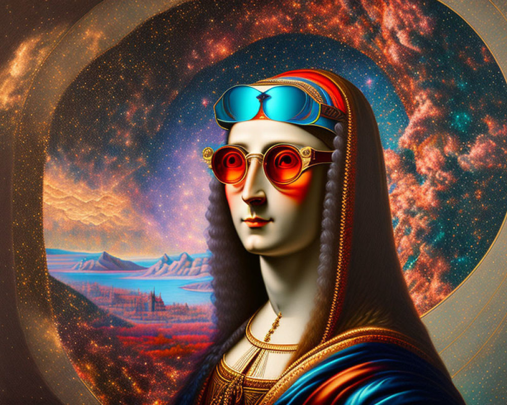 Multicolored Futuristic Mona Lisa with Cosmic Background