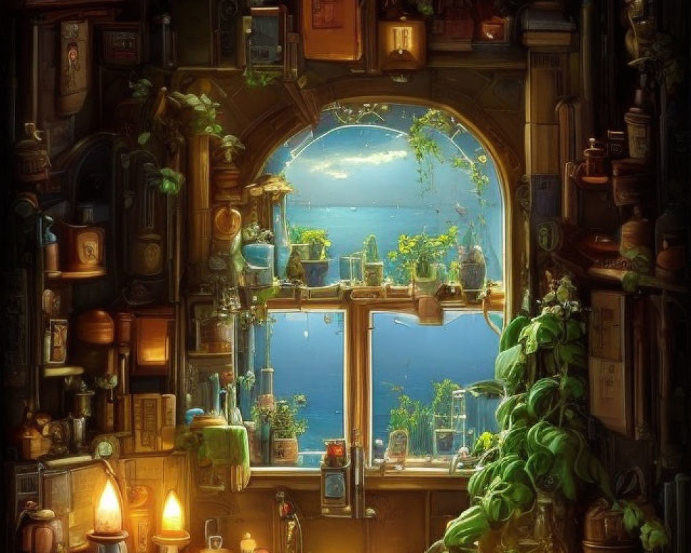 Warmly Lit Room with Books, Plants, Artifacts, and Sea View