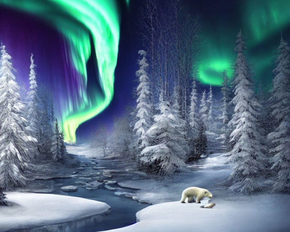 Polar bear resting under vivid aurora borealis in snowy winter landscape