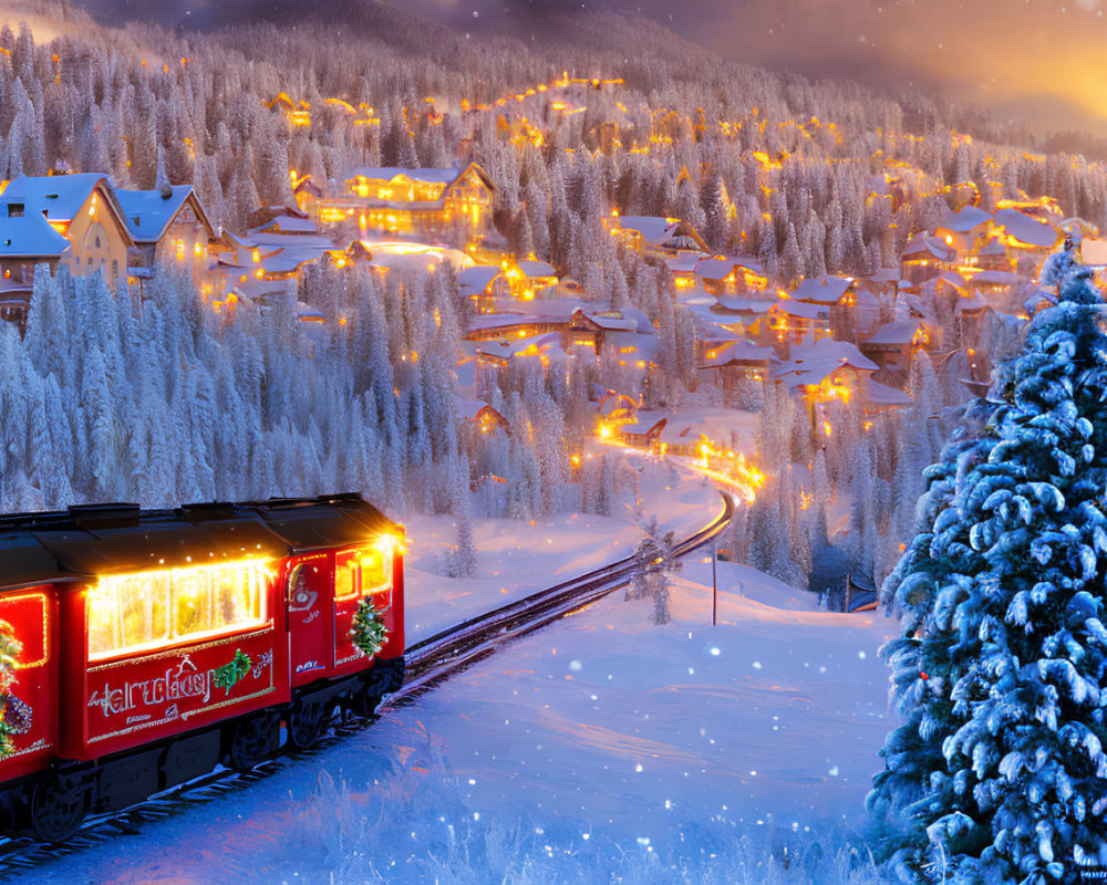 Snow-covered village with holiday train and glowing lights at twilight