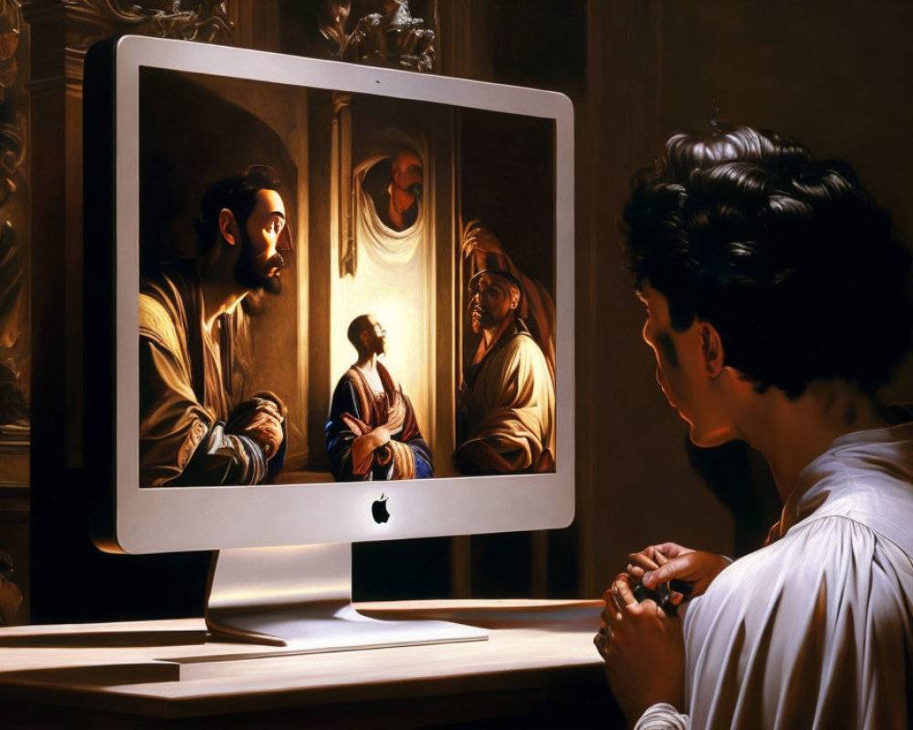 Person praying in front of religious painting on computer screen