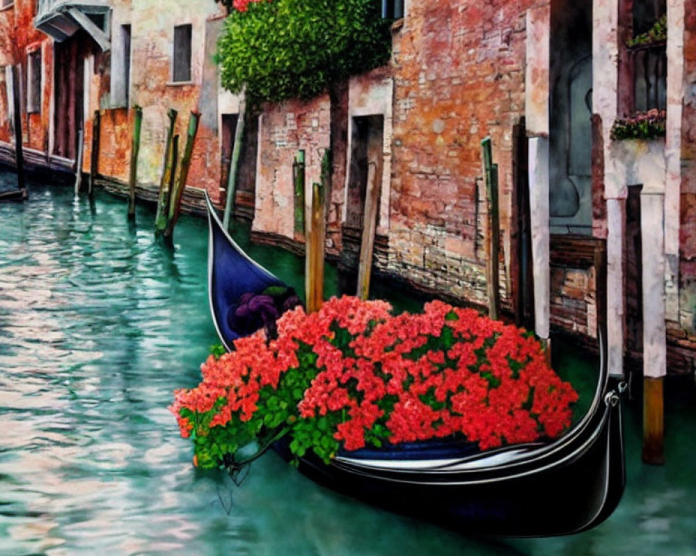 Venice canal painting with gondola and red flowers amid aged buildings