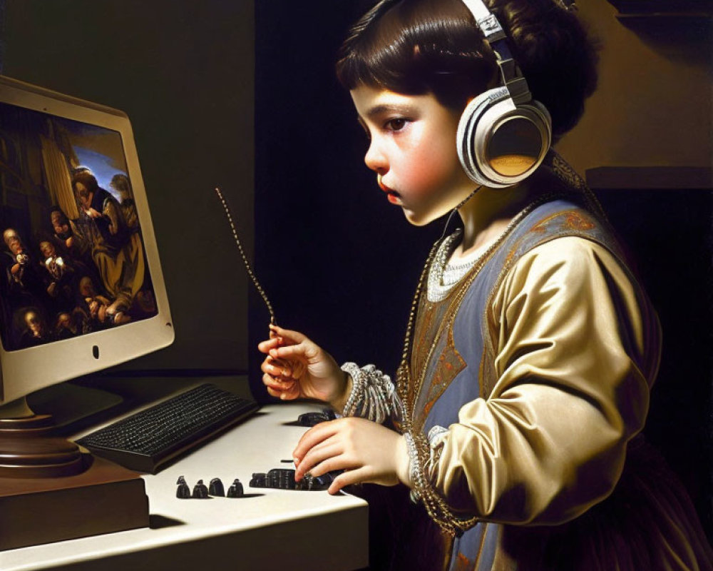 Young girl in vintage attire using modern computer and graphic tablet