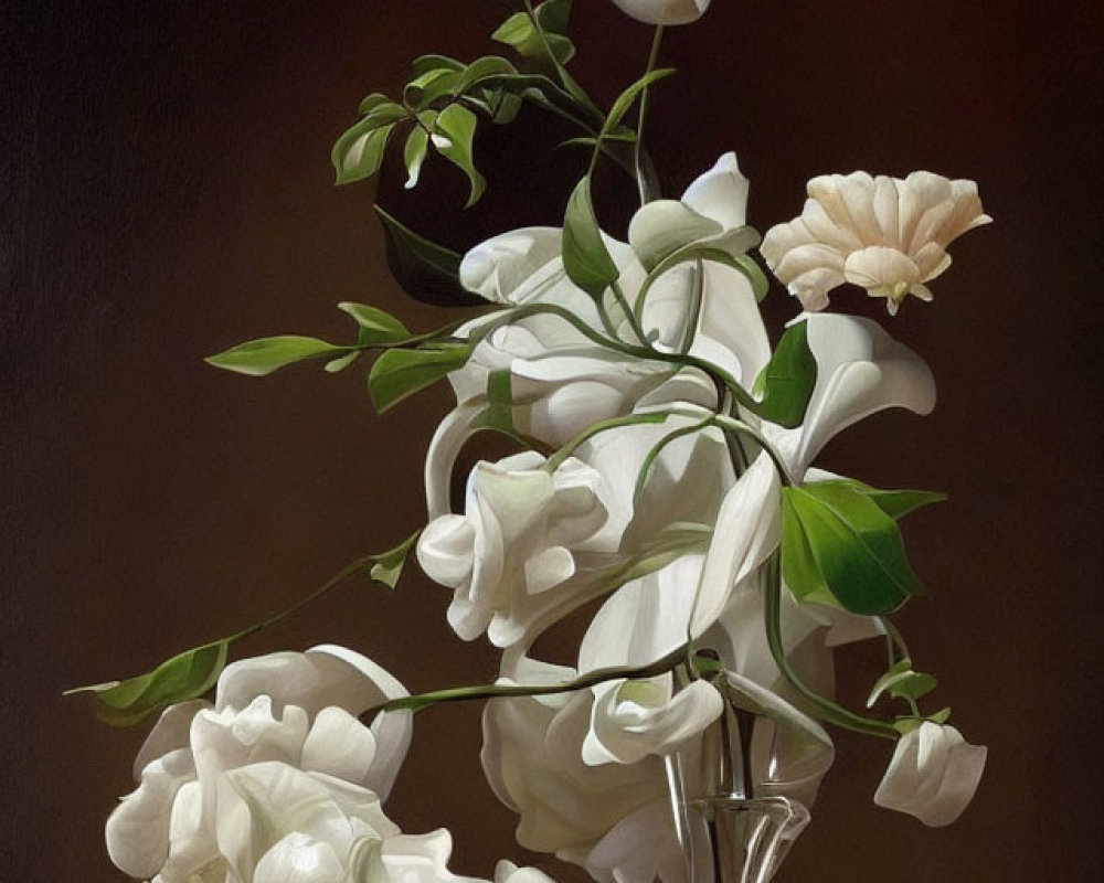 Classic Still Life Painting of Vase with White Flowers on Dark Background