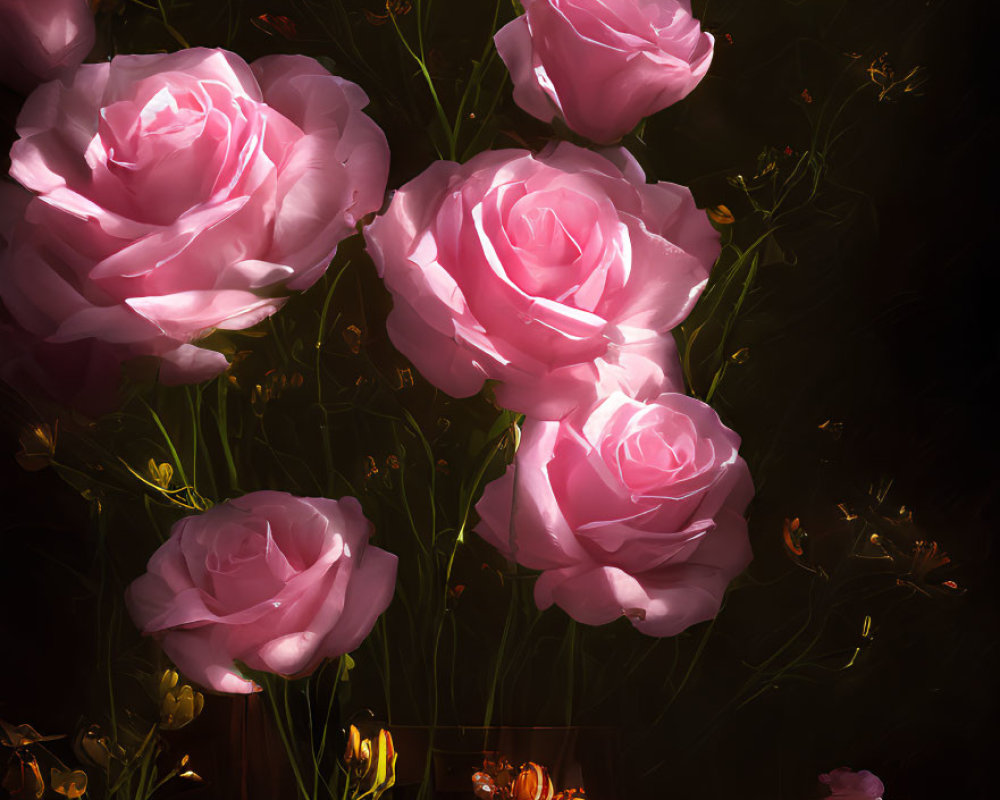 Pink roses illuminated in dark setting with glowing flowers and candles