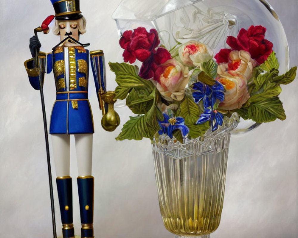 Nutcracker Figurine with Flowers Under Umbrella on Reflective Surface