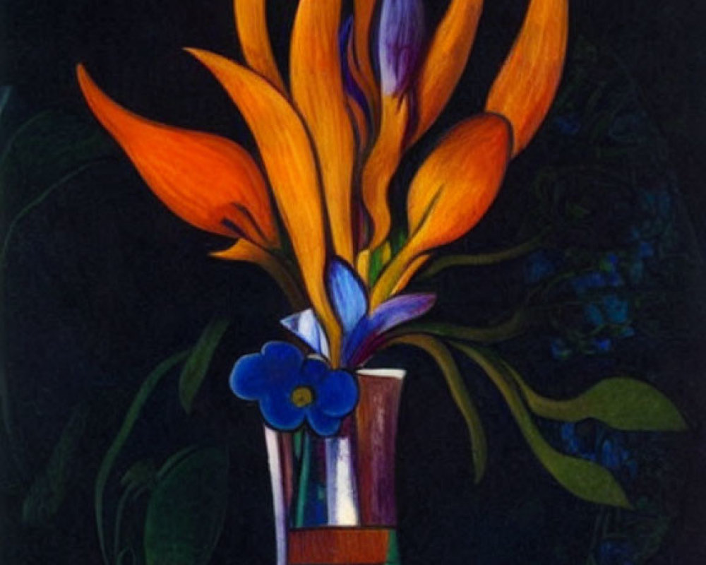 Colorful painting of bird-of-paradise flowers in vase with blue ornaments on dark background