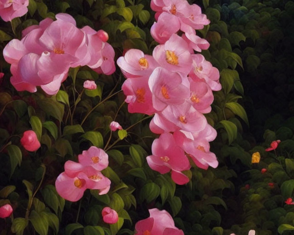 Tranquil pink flowers by still pond with metal vase, white swan, and butterfly