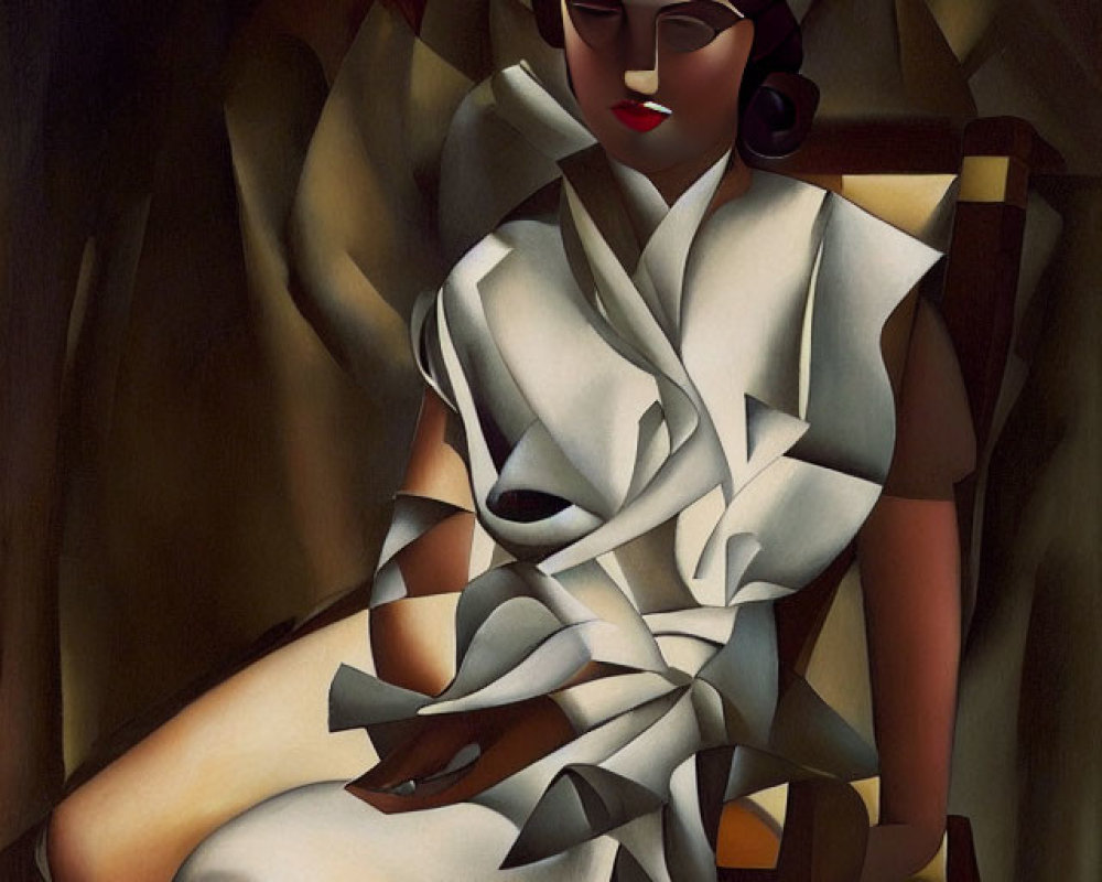 Cubist-style painting of seated woman in earthy tones