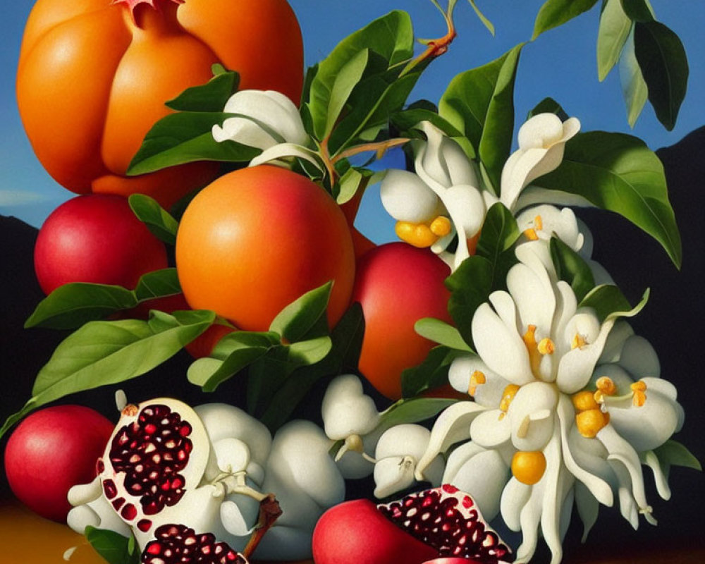 Still life painting of ripe pomegranates, oranges, and white flowers on dark background