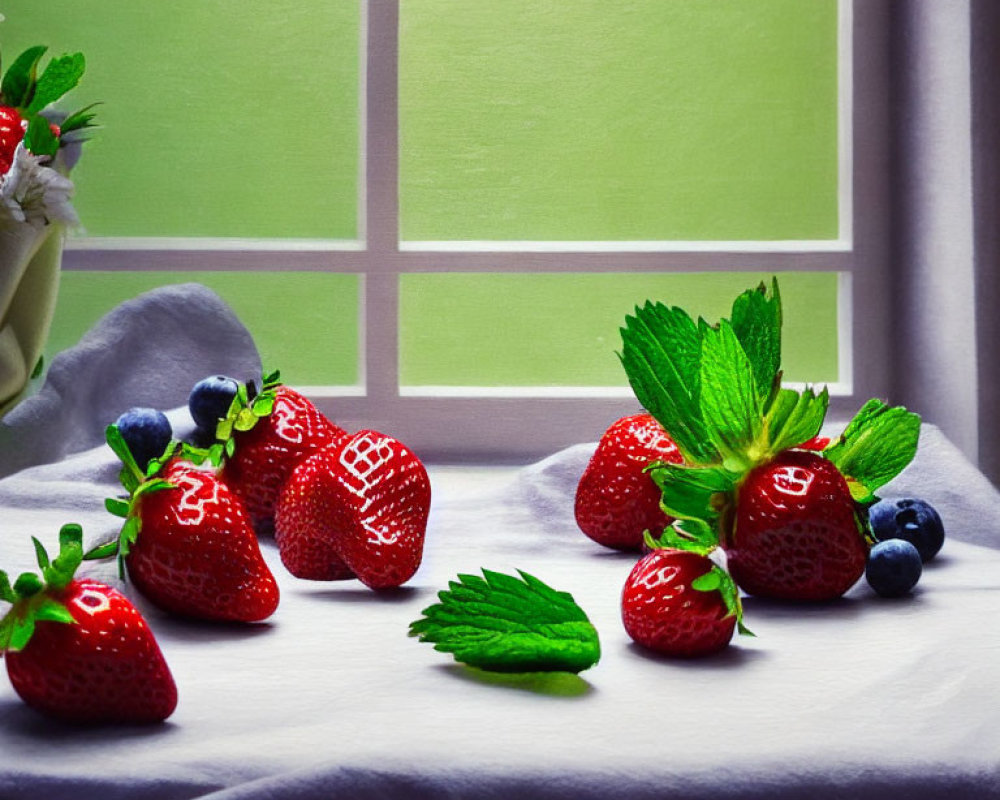 Red and blue berries on white cloth by window with green view.