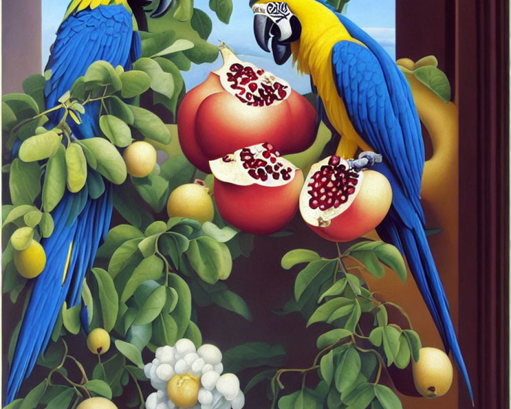 Vibrant Blue and Yellow Macaws on Branches with Foliage and Pomegranates