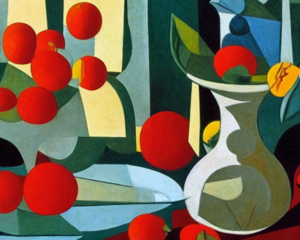 Cubist still-life painting with vase, green leaves, red apples, and abstract geometric background