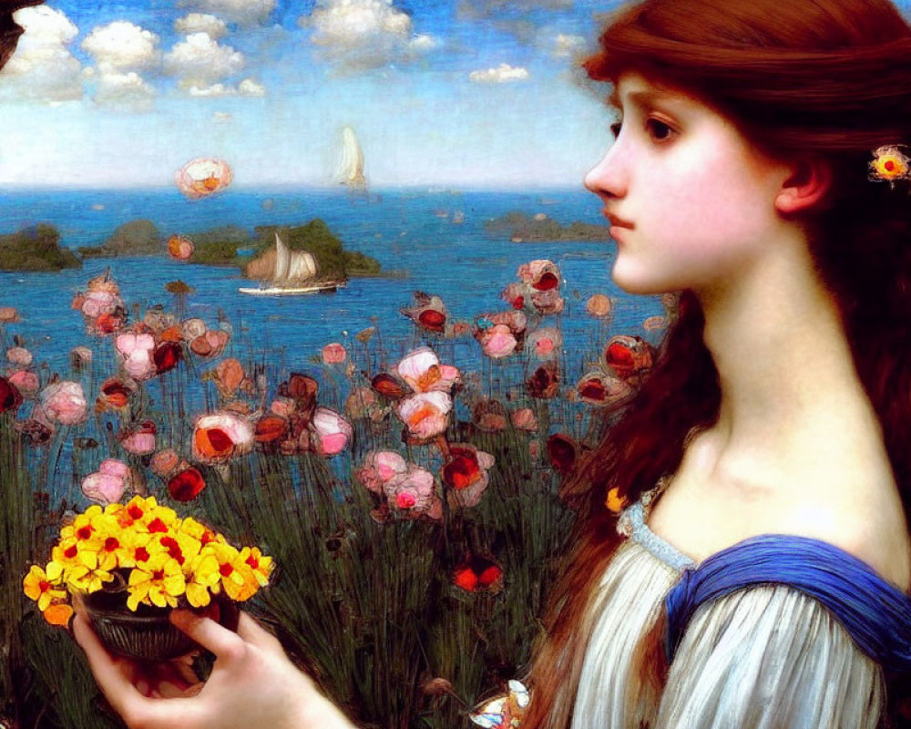 Young woman in classical dress with flowers in vibrant meadow.