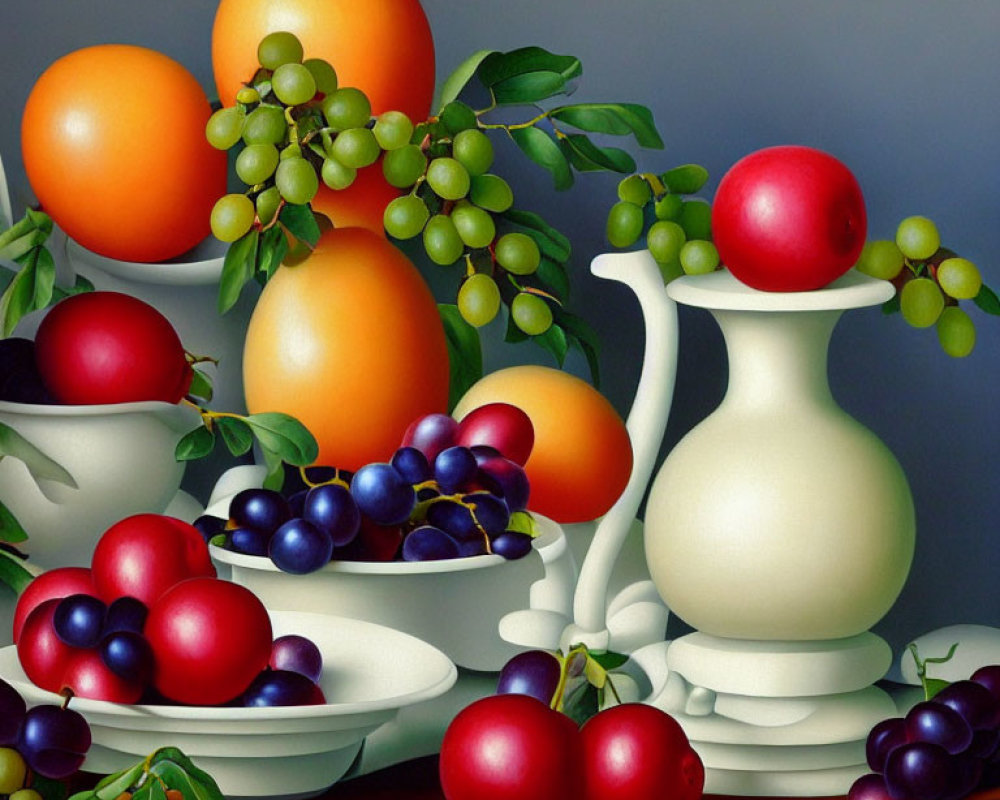 White vase with oranges, grapes, plums on plates, grey backdrop